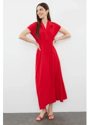  Collection Aerobin Red Midi Dress - Straight A-line, Double Breasted Collar TWOSS24EL00599