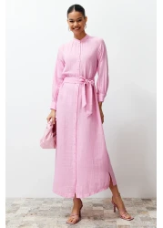  Modest Pink Prevailing Neckline Belted Buttoned Woven Shirt Dress Tctss24Eb00127