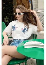 Bianco Lucci تيشيرت نسائي من القطن الممشط بنقشة الطيور