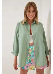 Happiness İstanbul قميص أساسي طويل كبير الحجم للنساء باللون الأخضر الفاتح DD00842