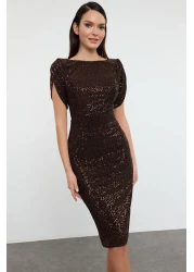  Collection فستان سهرة أنيق من الترتر المحبوك باللون البني اللامع، فستان التخرج الليلي