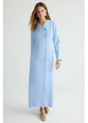  Modest Blue Button Woven Fabric Dress Tctss25Eb00027