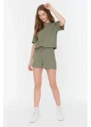  Collection Khaki Waffle Fabric Knitted Pajamas with Shorts Thmss22Pt0524