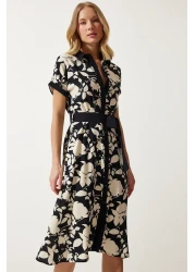 Happiness İstanbul Black Cream Floral Pattern Thin Viscose Summer Dress - DD01311