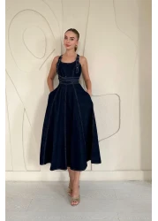 Elbee Fashion Woman Blue Midi Denim Dress - Banded