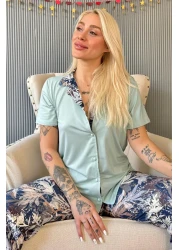 Pijamaevi Mint Florado Exclusive Front Buttoned Short Sleeve Women's Pajamas Set