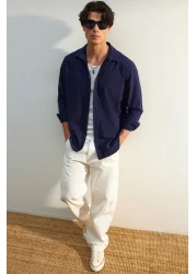  Collection Unisex Navy Blue Regular Fit Linen Look 100% Cotton Shirt - Tmnss23Go00099 Tmnss23Go00099