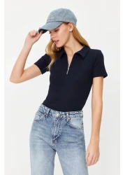  Collection Navy Blue Polo Neck Ribbed Blouse - Zipper Detail, Stretchy Knitted, Body-Fitting Twoss23Bz00496