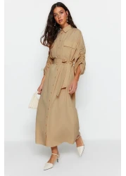  Modest Beige Cotton Shirt Dress with Adjustable Sleeves and Buttons - Tctss23Eb00365