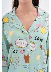 Arvin Pijama Cotton Buttoned Shirt Collar Pajama Set