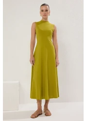  Collection Oil Green Stand Collar a Line/Bell Cut Cotton Maxi Knitted Dress Twoss25El00462