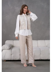 Miss Allos Women's Front and Back Embroidered Pearl and Stone Detailed Linen Vest and Pants Bottom Top Set