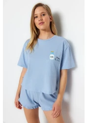  Collection Blue Cotton Ruffle Printed Shorts Knitted Pajamas Set Thmss22Pt0422