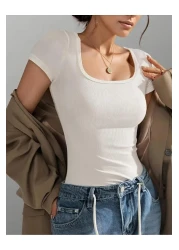 Wearflawless Square Neck Short Sleeve Cotton Twill White Blouse