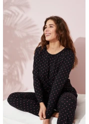 Siyah İnci Cotton Black and Pink Polka Dot Pajamas Set