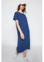  Collection Navy Blue Striped Slit Detailed Shift/Plain Maxi Knitted Dress TWOSS23EL00690