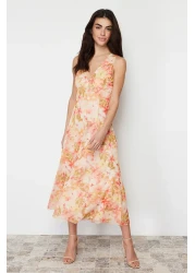  Collection V-Neck Tulle Flexible Knitted Dress - Multicolored Floral Printed TWOSS24EL00384