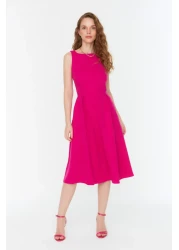  Collection فستان منسوج متوسط الطول بفتحة خصر فوشيا TWOSS20EL0980