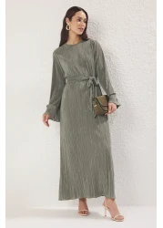  Modest Khaki Knitted Textured Fabric Tie-Up Long Dress Tctss25Eb00125