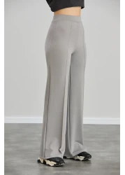 Alos Women's Gray Modal Wide Leg Striped High Waist Soft Textured Lycra Trousers with Elastic Waist