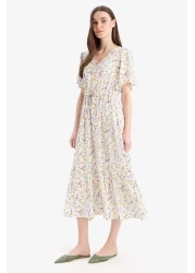 Defacto فستان صيفي متوسط ​​الطول بأكمام قصيرة ورباط على شكل زهرة على شكل حرف V D2835ax25sm