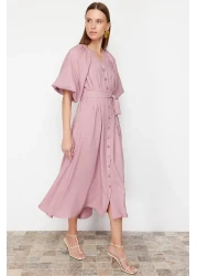  Modest Pink Belted Half Balloon Sleeve Linen Look Woven Shirt Dress TCTSS24EB00014