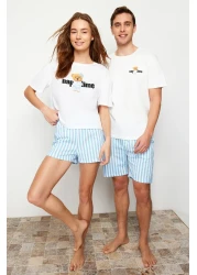  Collection طقم بيجامة قطن 100% مخطط باللون الأبيض مع شورت - زوج نسائي THMSS24PT00175