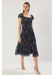  Collection Navy Floral Lined Chiffon Flight Flight Woven Midi Shirt Dress Twoss25El00563