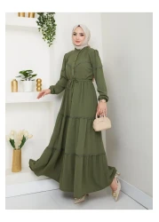 HARMAN BUTİK فستان نسائي من الدانتيل بتفاصيل من الدانتيل وخصر مربوط باللون الكاكي من Ayrobin