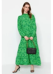  Modest Green Patterned Half Placket Wide Fit Cotton Woven Dress TCTSS23EB00222