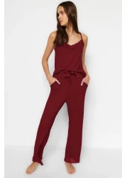  Collection Viscose Knitted Pajamas Set - Burgundy Lace and Ribbon Detail, Rope Strap Thmss20Pt0134