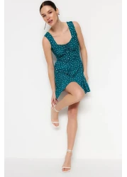  Collection Petrol Polka Dot Printed Square Neck Flounce A-Line Mini Knitted Dress TWOSS23EL00348