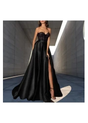 NSM تنورة نسائية أنيقة بفتحة سوداء من الساتان على شكل حرف A بطيات