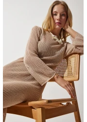 Happiness İstanbul فستان نسائي طويل محبوك شفاف باللون البيج الداكن PF00064