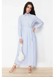  Modest فستان قميص منسوج مخطط بأزرار زرقاء TCTSS24EB00078