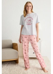  Collection Gray Slogan Printed 100% Cotton Knitted Pajamas Set - Thmss25Pt00162