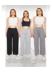 ipek collection 3 قطع أسود - رمادي - بنطلون نسائي مضلع وبدلة رياضية، بيجامة ملابس منزلية غير رسمية