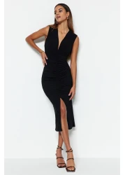  Collection Black Fitted/Body-Sitting Gather Detailed Midi Flexible Knitted Pencil Dress TWOSS23EL00751