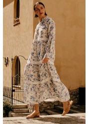  Modest Beige Linen Look Floral Woven Dress TCTSS24EB00054