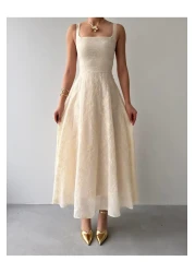 Julidress Beige Embossed Floral Patterned Lined Strap Midi Long Length Premium Linen Dress