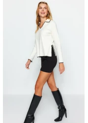  Collection Ecru Crochet Embroidery Detailed Corded Shirt Collar Regular Fit Knitted Blouse TWOAW24BZ00398