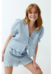  Collection Blue Textured Gingham Lacing/Ribbon/Bow Detailed Shorts Woven Pajamas Set Thmss24Pt00149