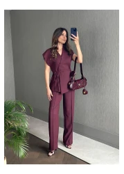 Forlady4 Claret Red Design Vest Pants Women's Set