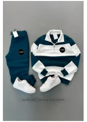 woonkey New Season Unisex Thick Striped Cotton Tracksuit Set - Half Zipper, 3 Thread