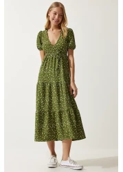 Happiness İstanbul Women's Khaki Wraped Collar Patterned Summer Knitted Dress UB00267