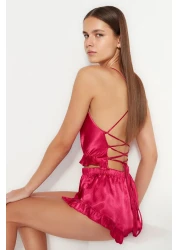  Collection Fuchsia Ruffled and Back Rope Strap Satin Woven Pajamas Set Thmss23Pt00048