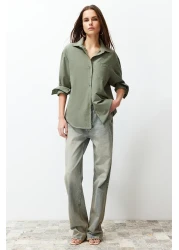  Collection Dark Khaki Single Pocket Boyfriend Woven Cotton Shirt TWOAW20GO0115