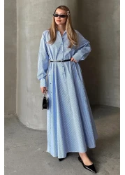 Olcay فستان بوبلين فضفاض بتفاصيل أزرار على الجانب أزرق-أبيض 9316-E