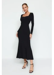  Collection Black Flounced Square Neck Fitted Maxi Stretchy Knitted Dress TWOAW24EL00613