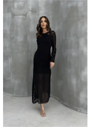 leyla sanat sanata yeni bir bakış açısı ليلى آرت آرت وجهة نظر جديدة فستان من التول مع تفاصيل الدانتيل اللوزي 2659-8